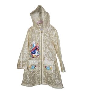 Disney Frozen Elsa Anna Olaf Ivory Hooded Snowflake Sheer Zip Floral Raincoat